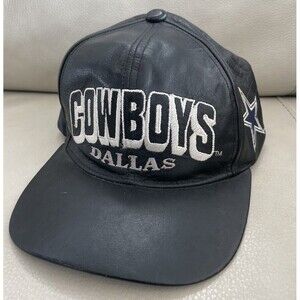 VTG Dallas Cowboys Hat Genuine Leather Team NFL Strap Back One Size Black EUC